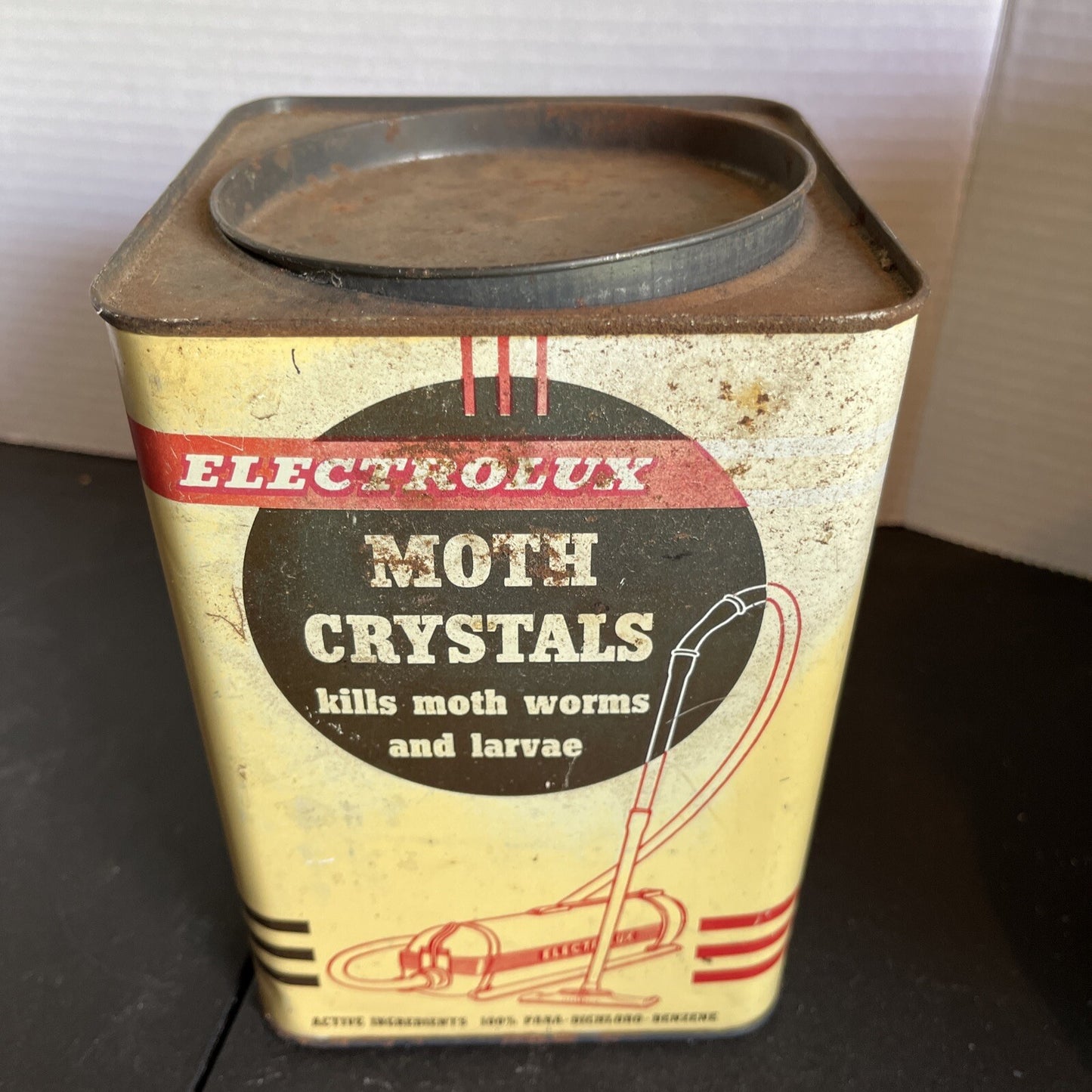 VINTAGE Country Store Tin Can Advertising Electrolux Moth Crystals 