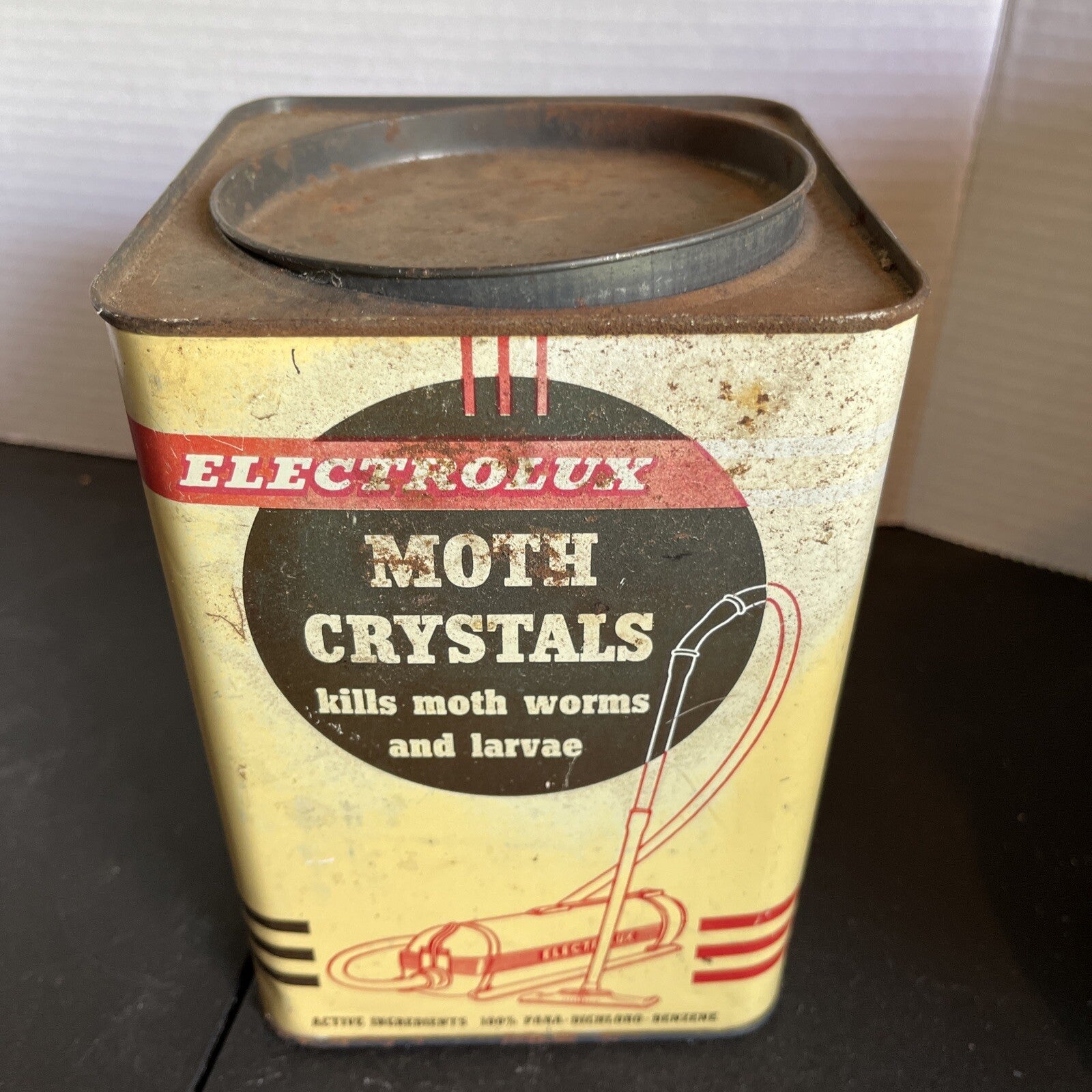 VINTAGE Country Store Tin Can Advertising Electrolux Moth Crystals 
