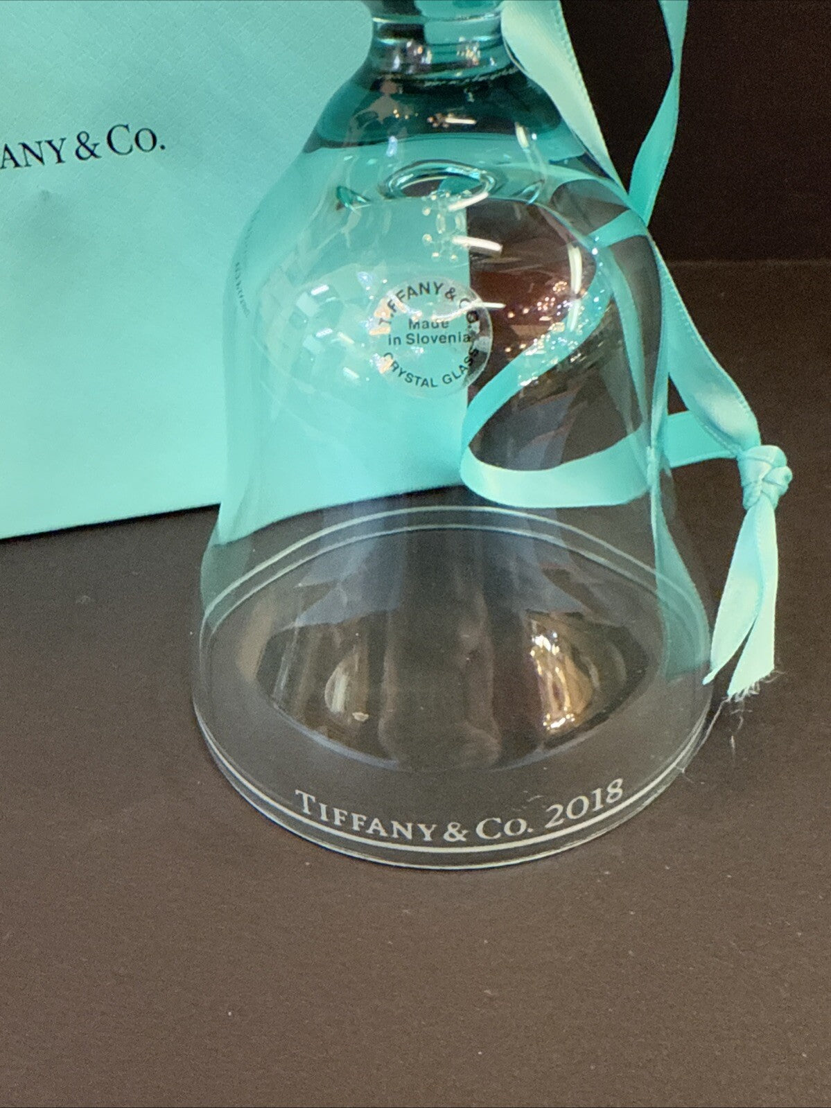 Tiffany & Co Blue Crystal Bell Ornament Glass WITH Ribbon & BOX 4½” 2018 Holiday