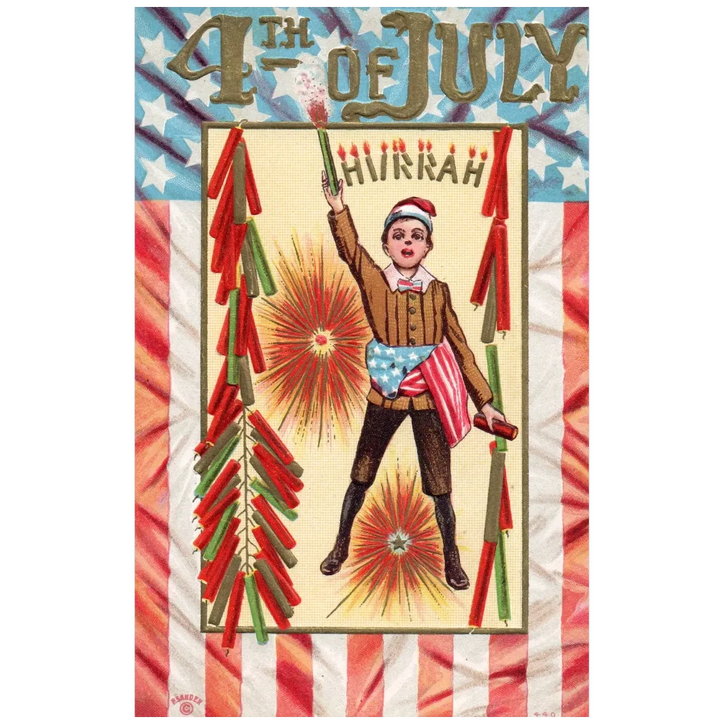 Fourth of July Hurrah! Boy with Fireworks Vintage Patriotic Postcard