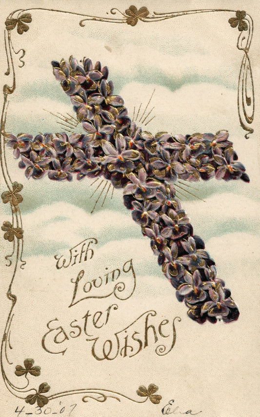 Purple Violets Gold Embossed Cross Series No 0352 Easter Postcard