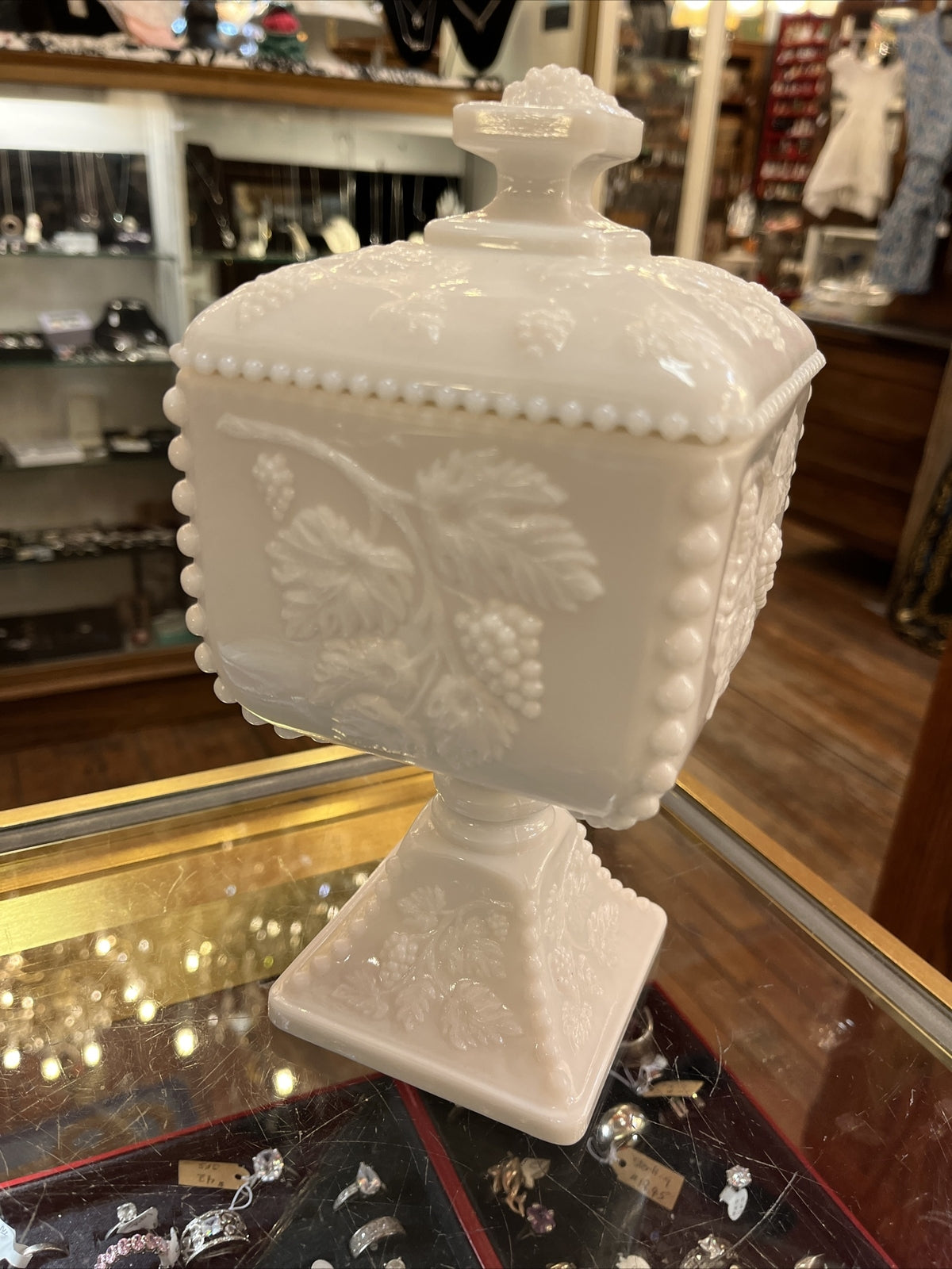 Vintage Westmoreland Milk Glass Pedestal Lidded Candy Dish w/Grape Leaf Design