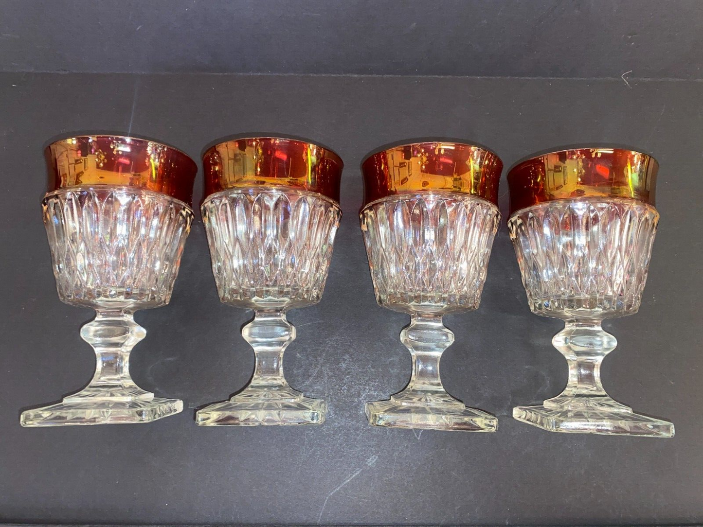Vintage  Ruby Red Rimmed Set Of 4 Goblet Clear Cut Glass Square Base