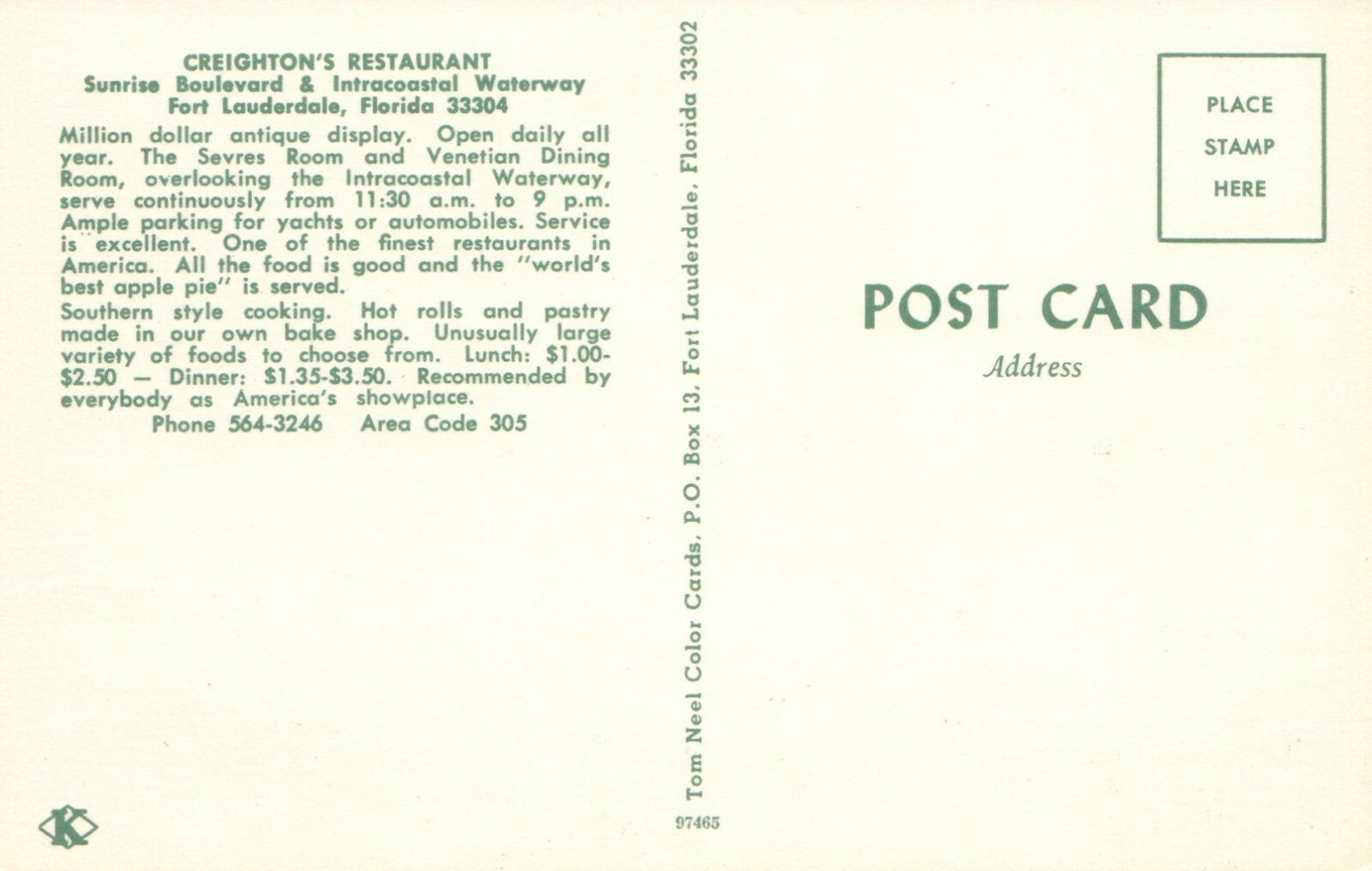 Creightons Restaurant Fort Lauderdale Florida FL Chandelier Interior Postcard