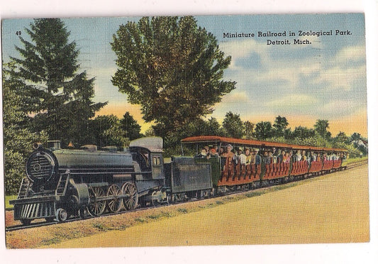1939 Miniature Railroad Zoological Park Detroit Mich MI Michigan Postcard Train