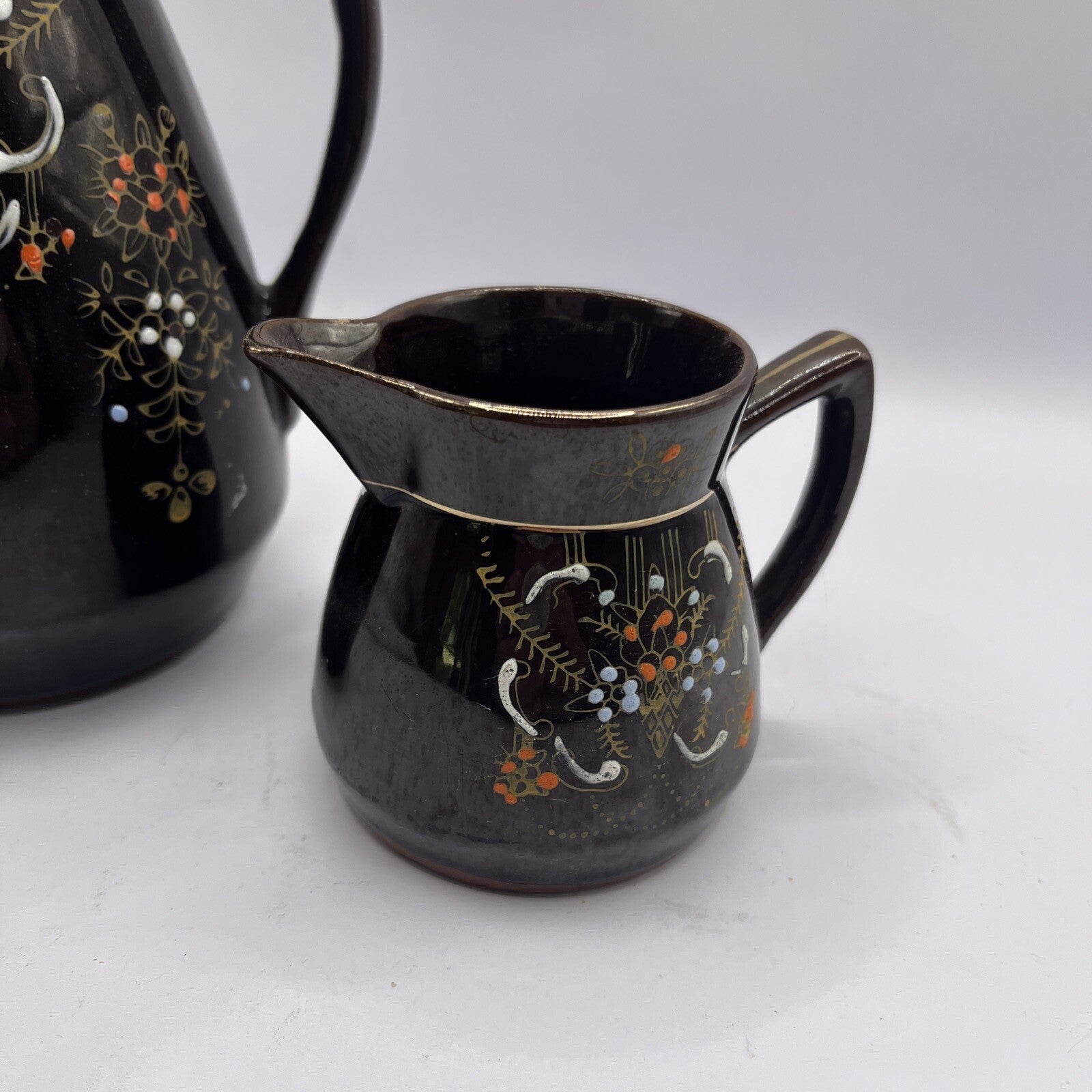 Vintage Brown Betty Pitcher & Creamer hand painted gold gilded Redware Moorage