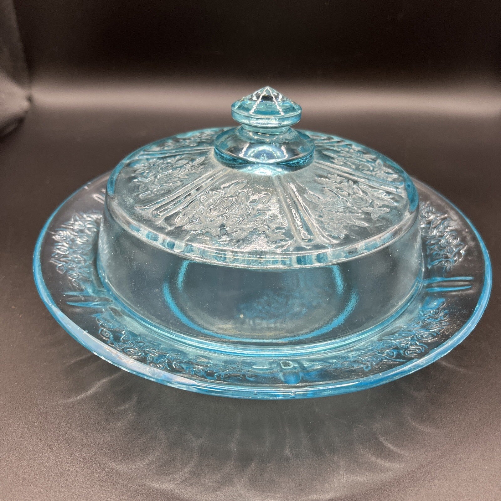 Federal Glass CABBAGE ROSE Sharon BLUE or AQUA BUTTER or CHEESE DISH with Cover