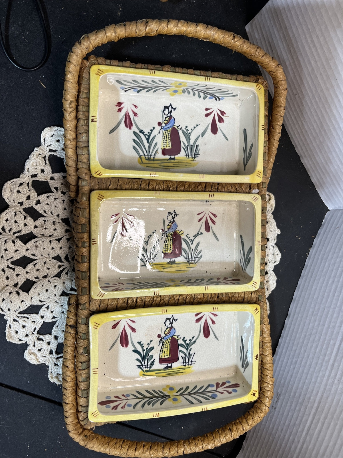 Vintage serving dish in basket three compartments wicker handpainted