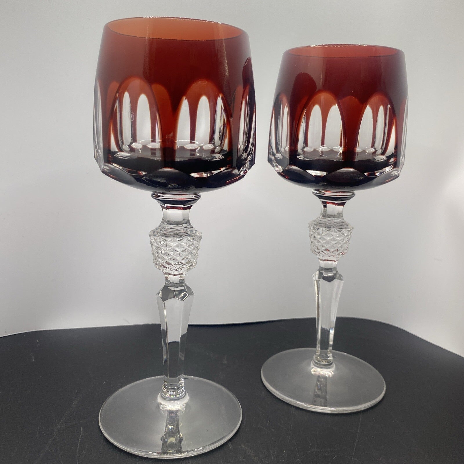 2 NACHTMANN ANTIKA Crystal 8" Cut To Clear WINE GOBLET Bohemian Ruby Red