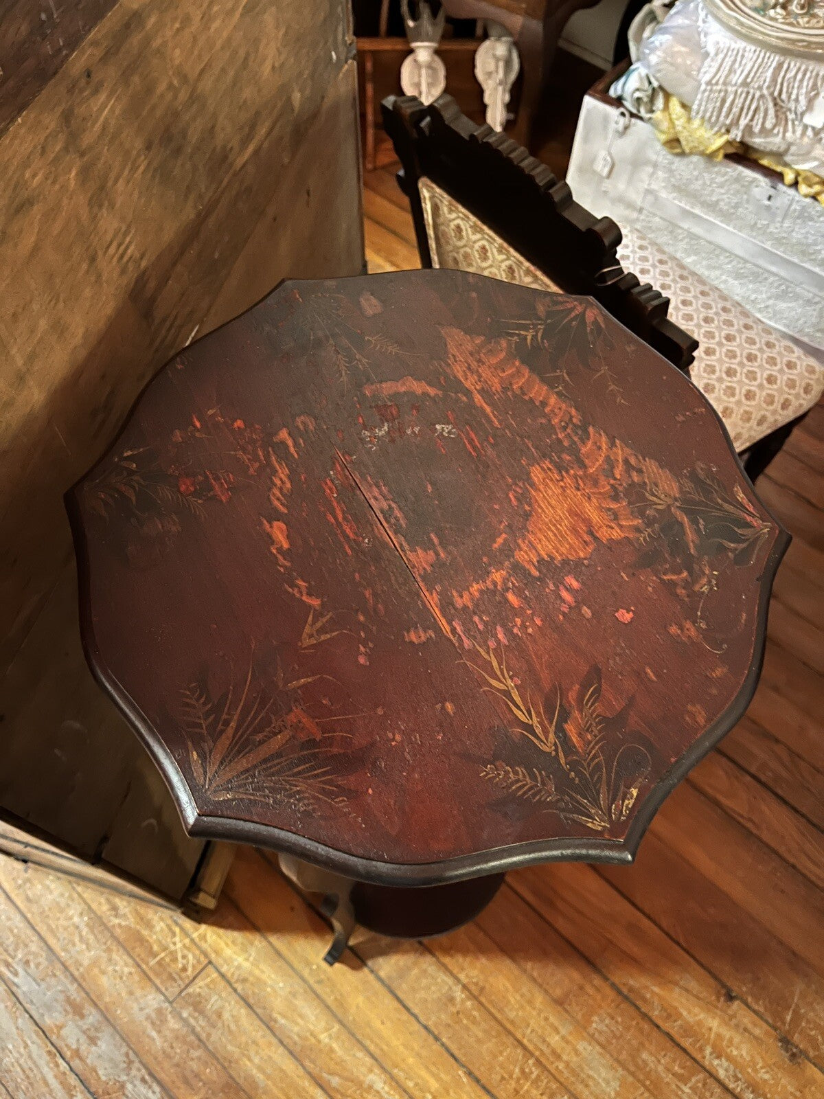 Antique French Wood Pedestal Plant Stands Hand Painted Scenes