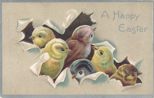 1919 Colorful Chicks Bursting Through Card Happy Easter Greeting Postcard