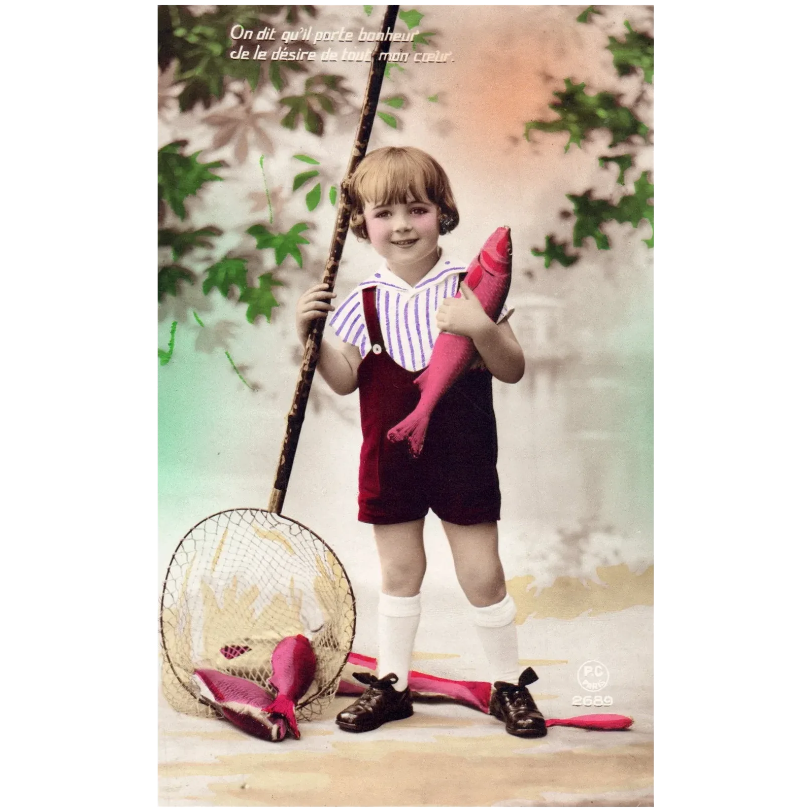 Little Child Holding Fish Vintage French April 1st April fools Vintage Postcard