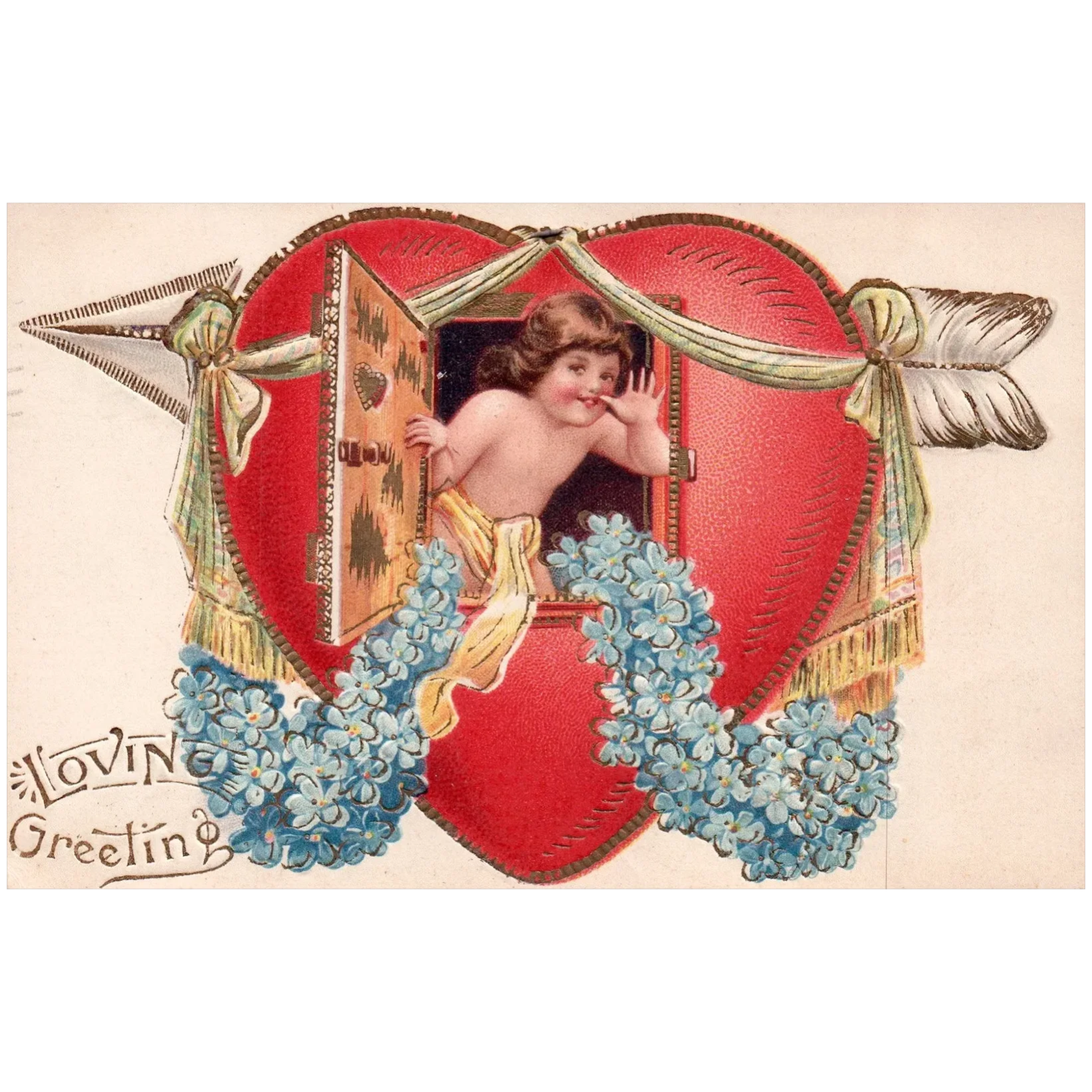 Loving Greeting Child with Large Red Heart with Blue Flowers Vintage Postcard