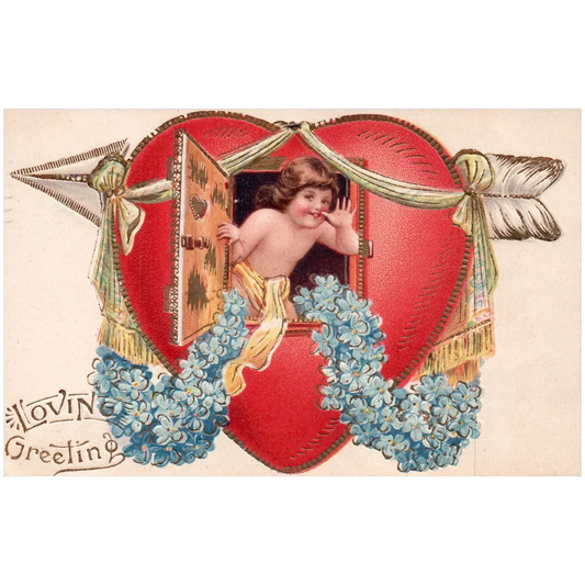 Loving Greeting Child with Large Red Heart with Blue Flowers Vintage Postcard