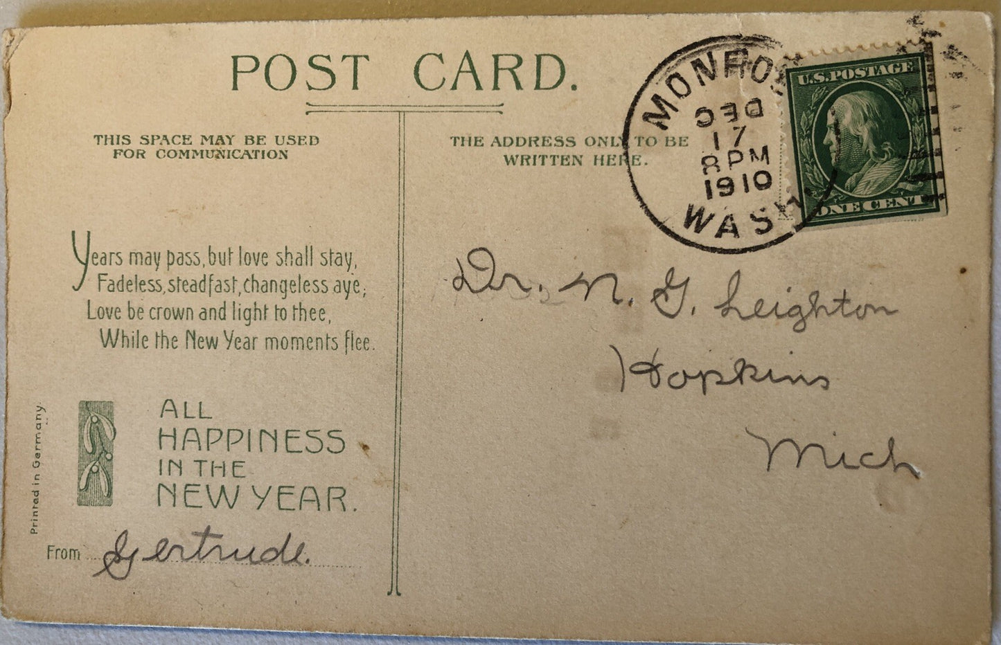 Hold to the Light Man and Child Pull Sled Toward House New Year Postcard