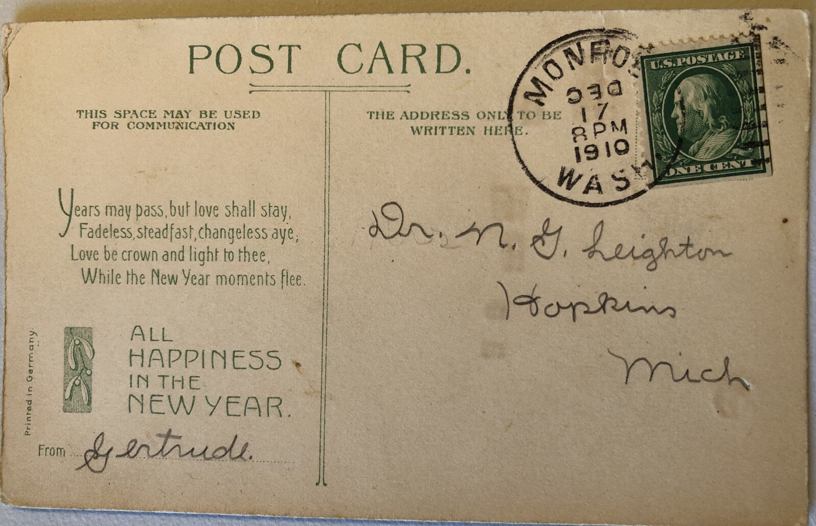 Hold to the Light Man and Child Pull Sled Toward House New Year Postcard