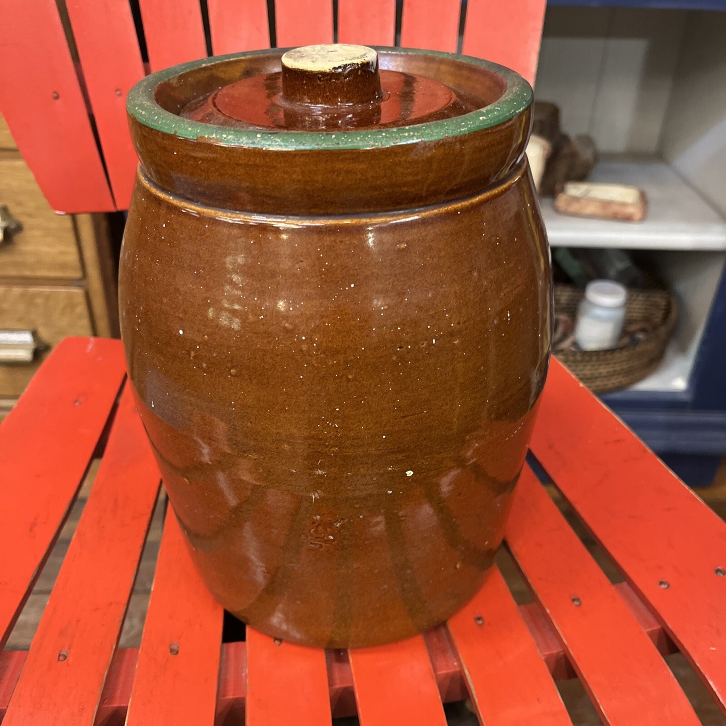 VINTAGE COOKIE JAR- CROCK BROWN FLOWERED STONEWARE CROCK KITCHEN FARM RANCH HOME
