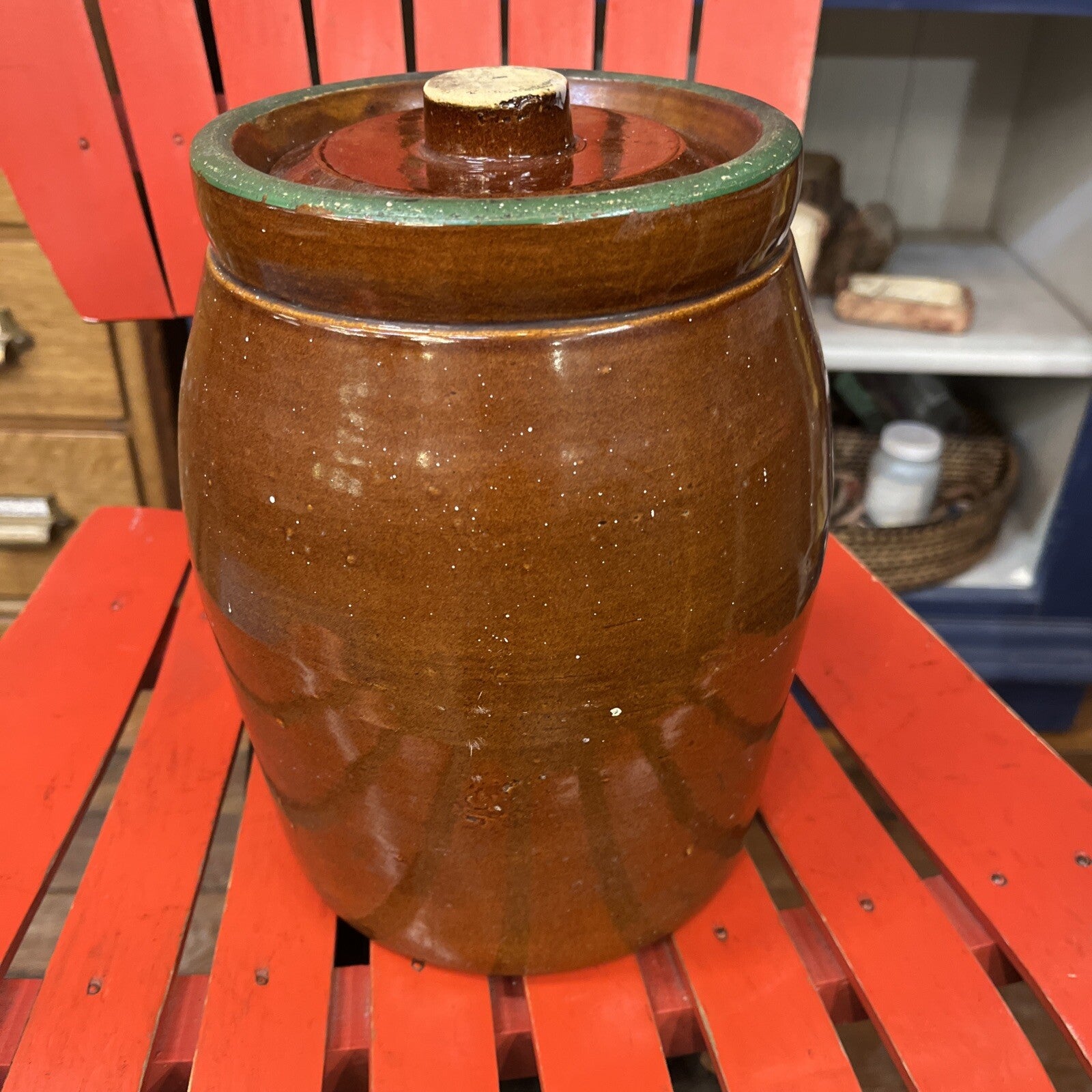 VINTAGE COOKIE JAR- CROCK BROWN FLOWERED STONEWARE CROCK KITCHEN FARM RANCH HOME
