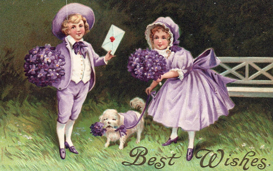 AMB children in purple with flowers & Dog Postcard