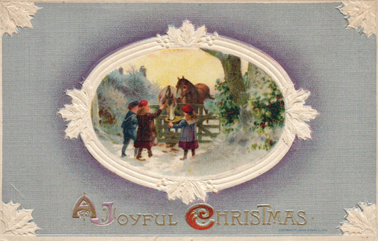 John Winsch A Joyful Christmas Children Feeding & Petting Horse Vintage Postcard