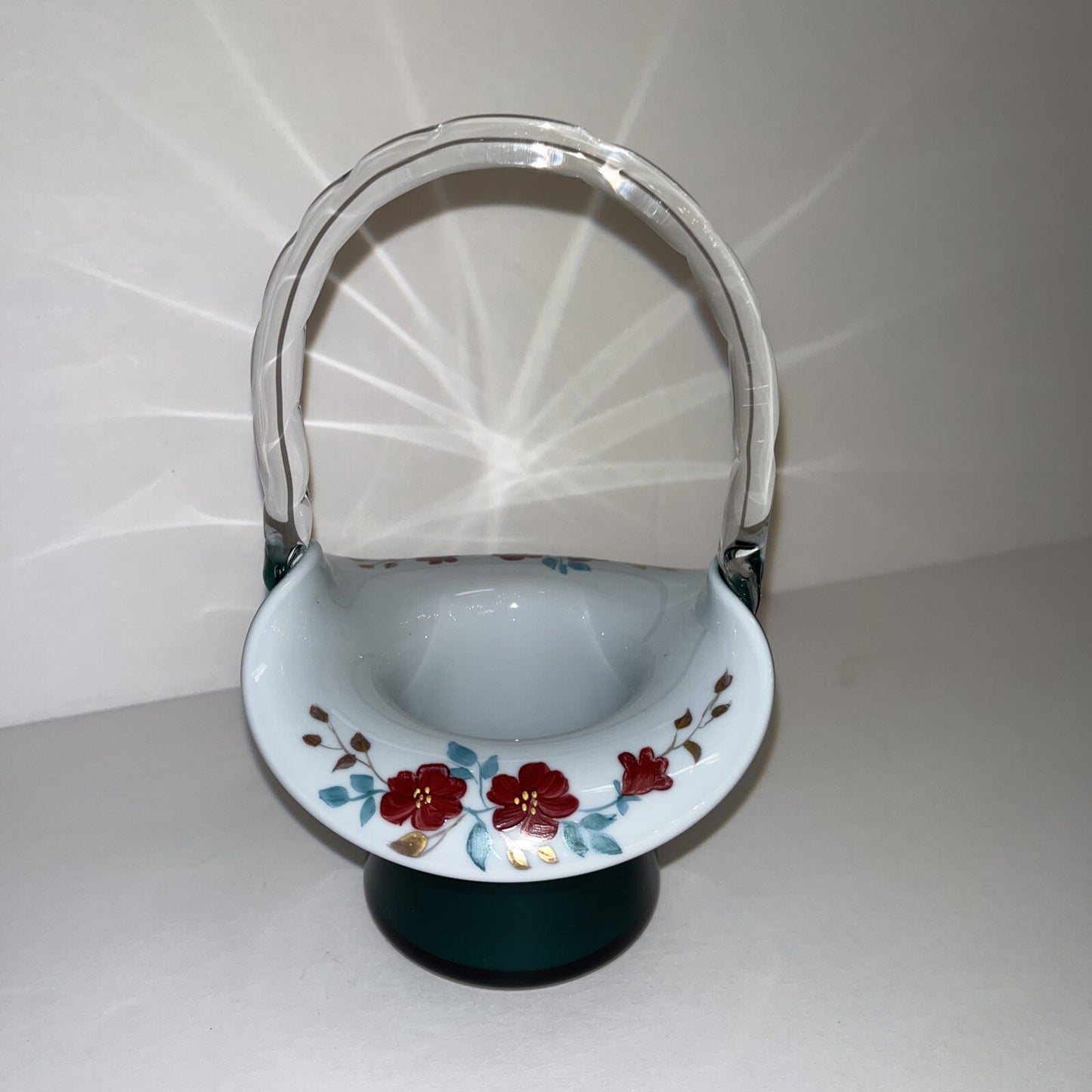 FENTON VINTAGE HAND PAINTED WILD ROSES ON TEAL OVERLAY TOP HAT BASKET LIM. ED.