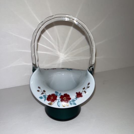 FENTON VINTAGE HAND PAINTED WILD ROSES ON TEAL OVERLAY TOP HAT BASKET LIM. ED.