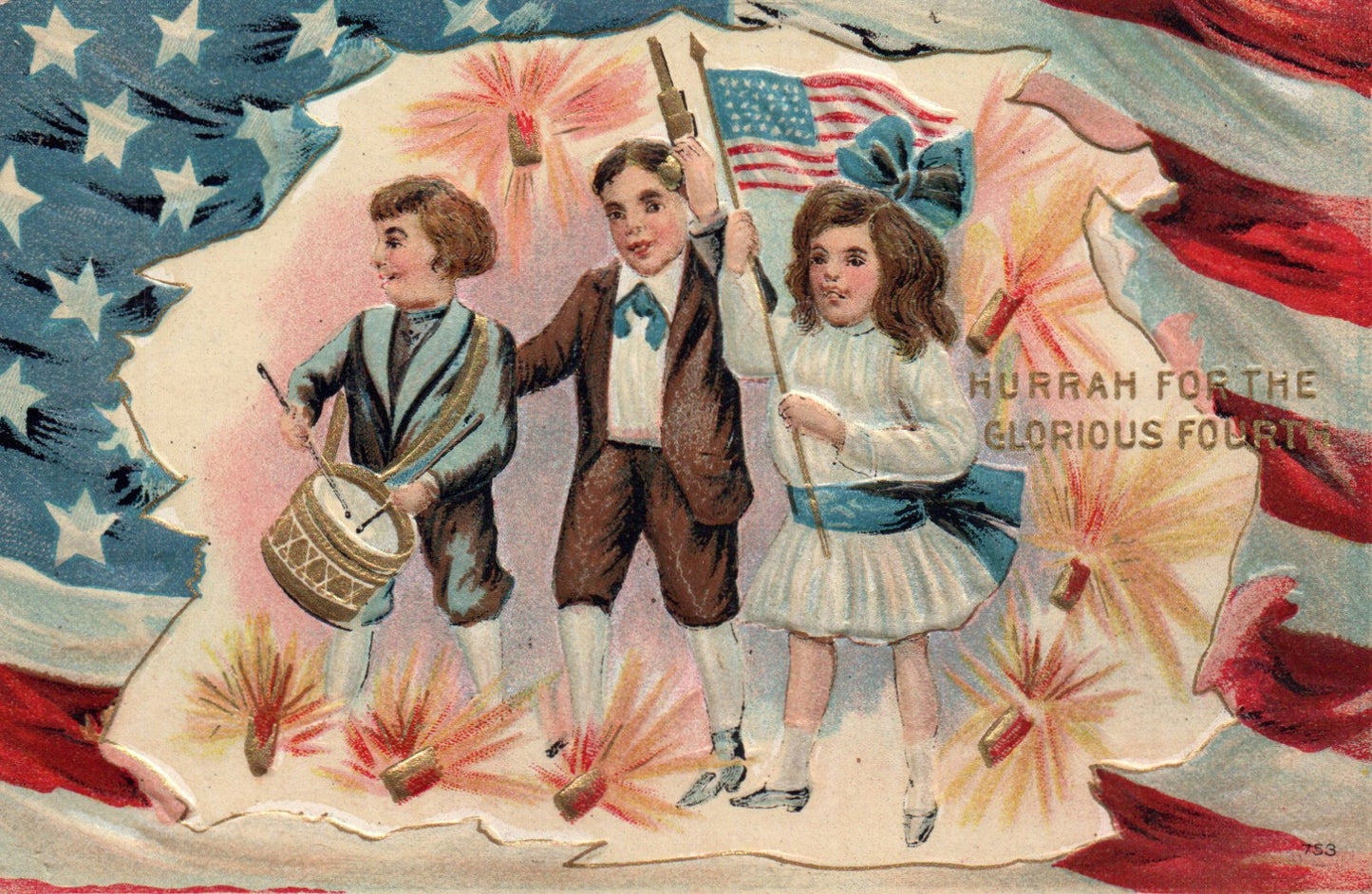 Hurrah for the Glorious Fourth Patriotic vintage postcard American Flag