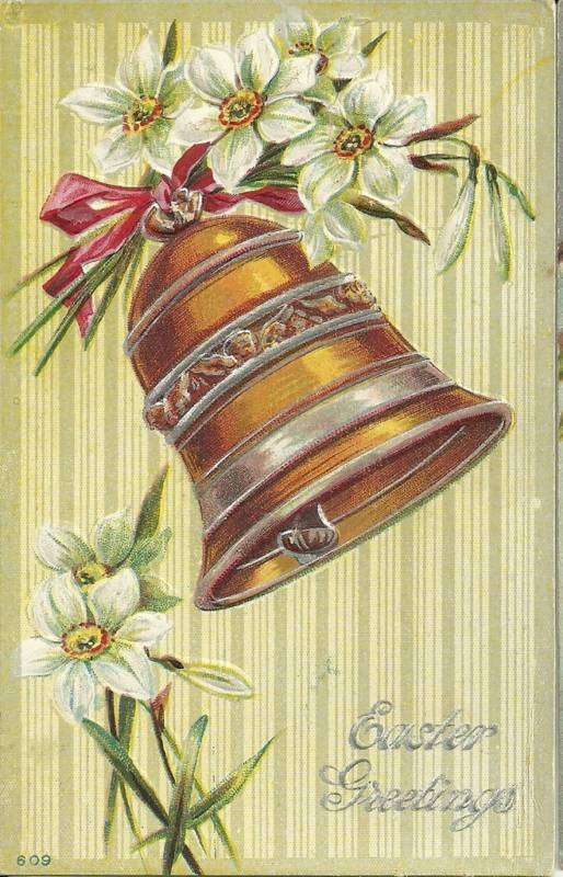 Orange Bell Red Ribbon Flowers Easter Postcard