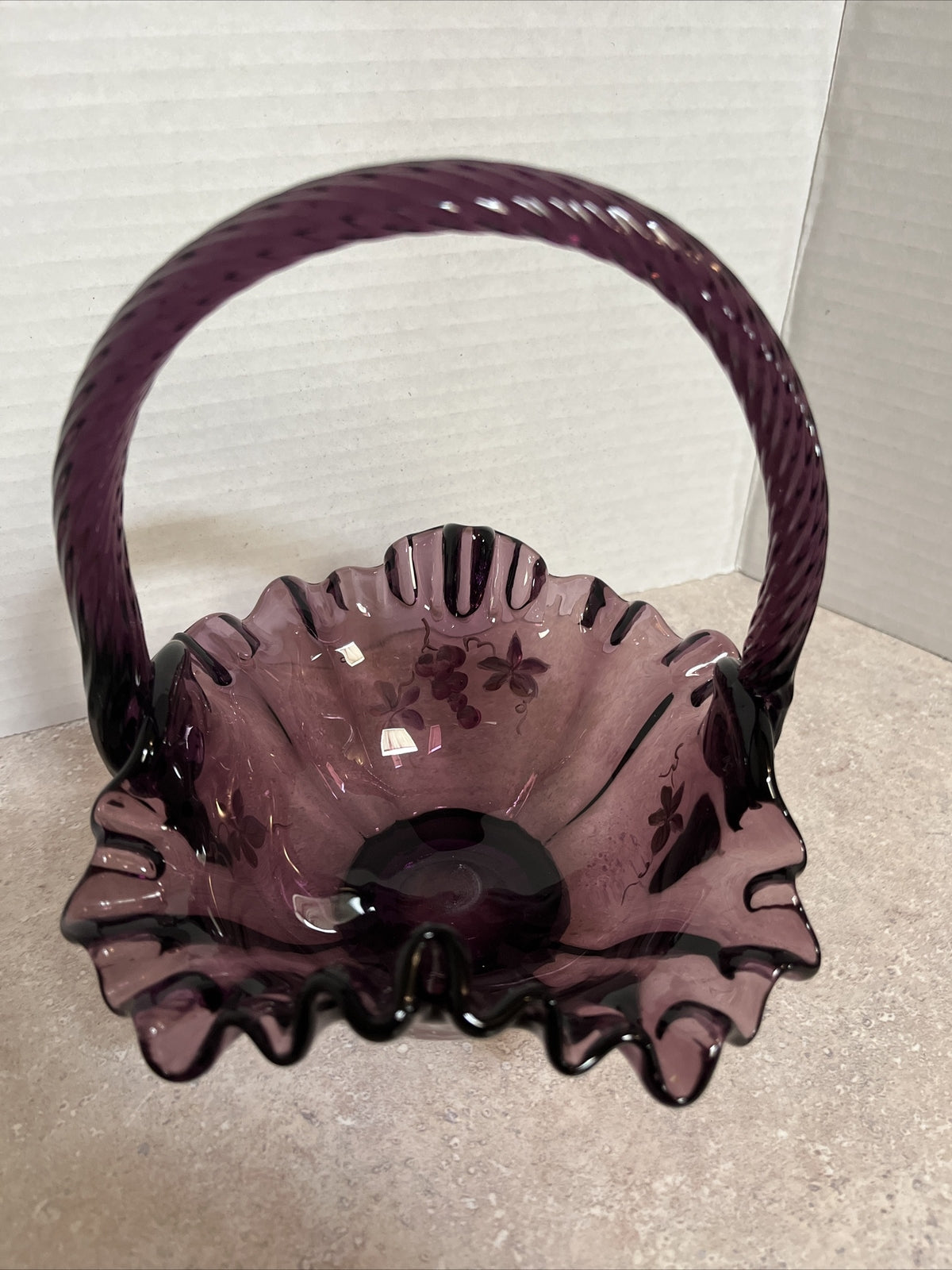 Fenton Art Glass Ruffled Purple Basket With Twisted Handle & signed
