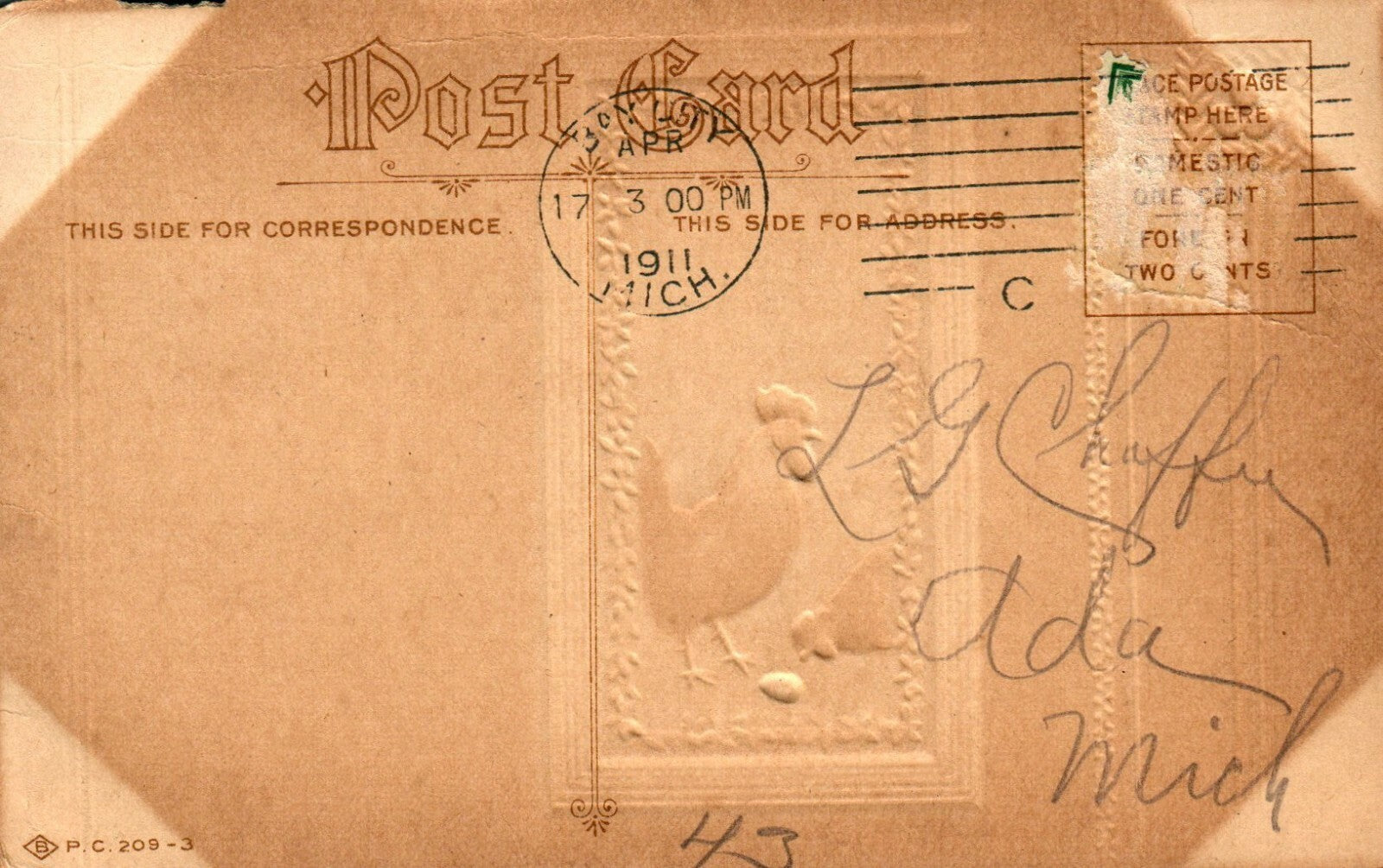  1911 Easter Greetings Hen & Rooster  Vintage Postcard  