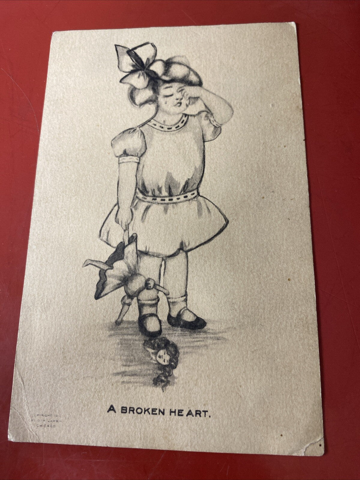 Girl Crying Over broken Doll Child Vintage Postcard No 95 Lambia Frederickson