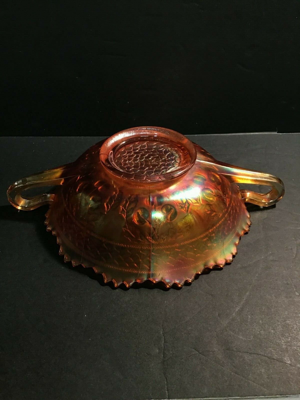 Fenton 10" Marigold Bowl Cherries Circles Picot Edge Iridescent Carnival Glass