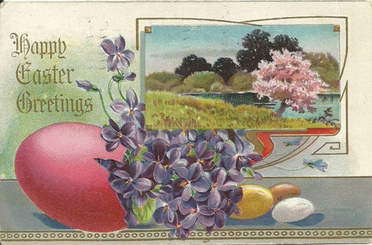Purple Violets Pink Egg Pink Flowers Easter Postcard