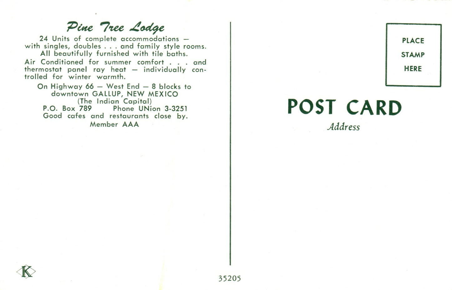Pine Tree Lodge Motel AAA US Route 66 West Side Gallup New Mexico NM Postcard