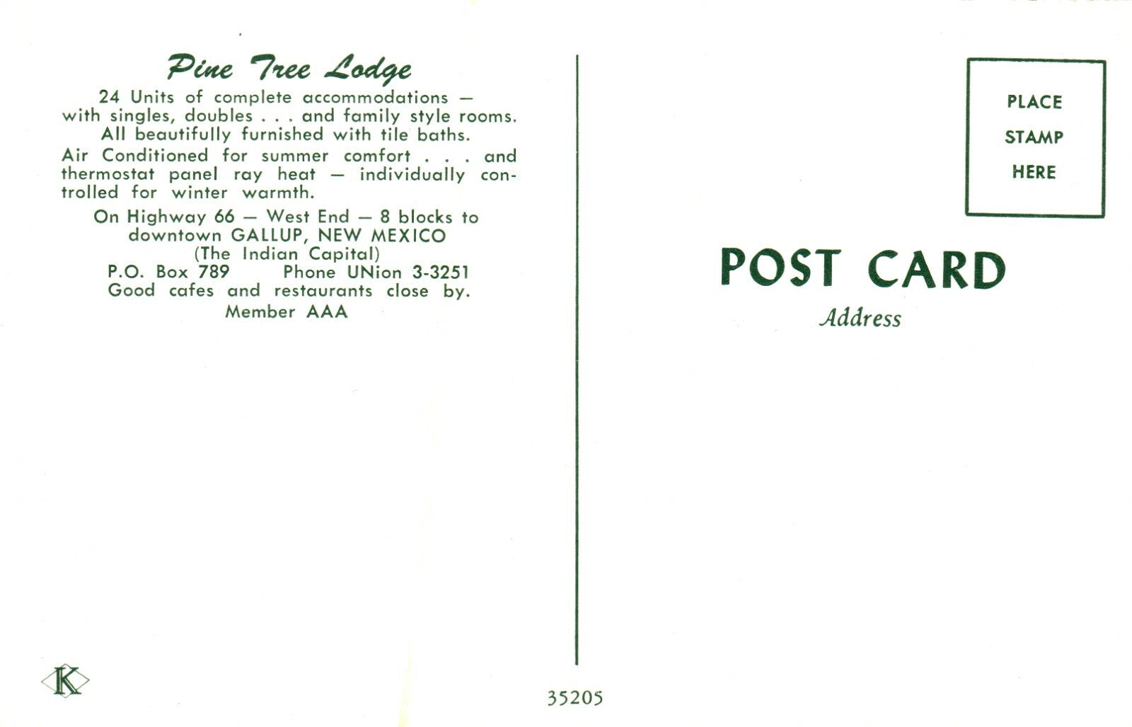 Pine Tree Lodge Motel AAA US Route 66 West Side Gallup New Mexico NM Postcard