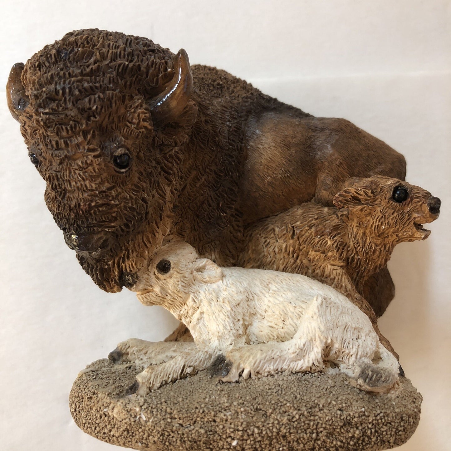 Bison Buffalo with Two Calves White and Brown Figurine Statue 4" x 4" Western