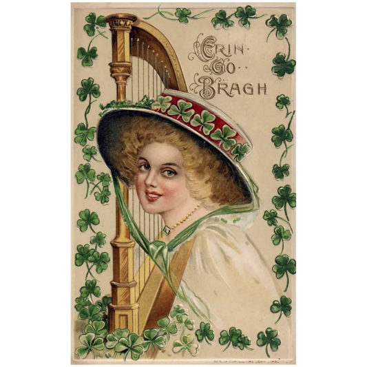 Signed John Winsch Irish Woman with Harp and Clovers Vintage St Pats Postcard