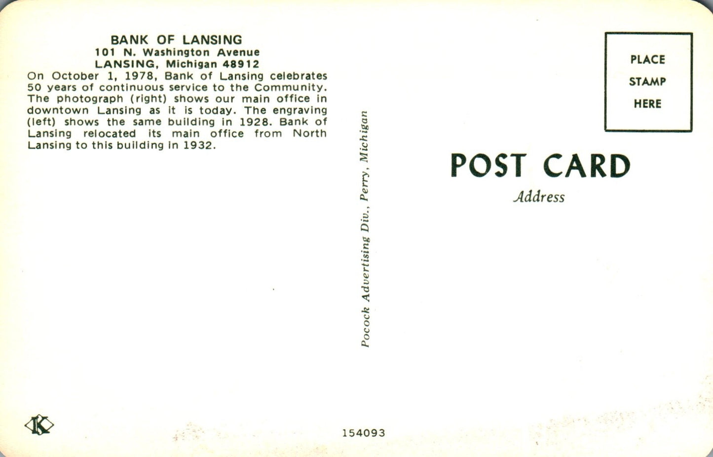 Bank Of Lansing in Lansing MI Michigan  Postcard