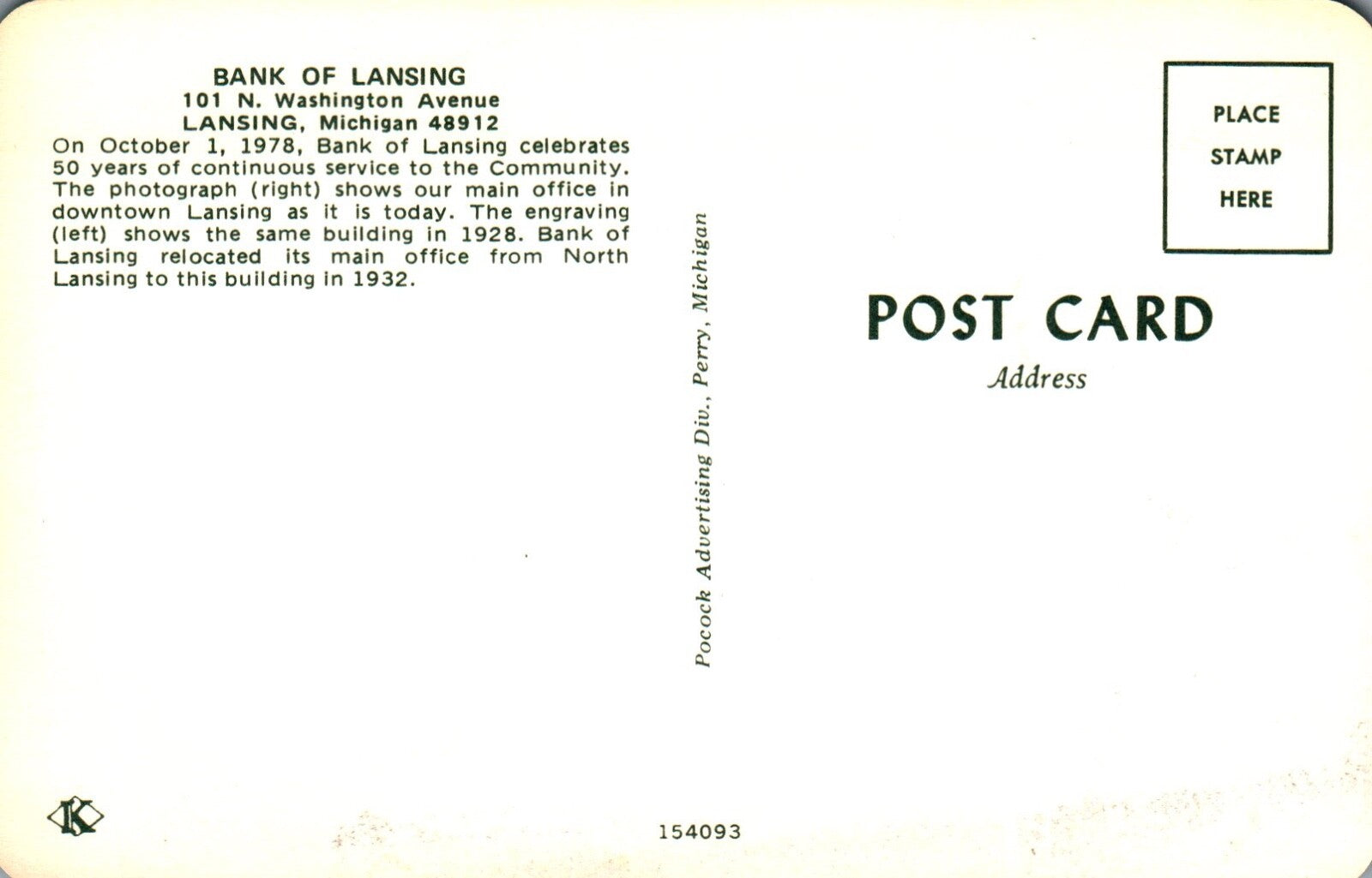 Bank Of Lansing in Lansing MI Michigan  Postcard