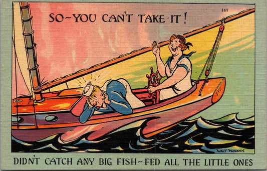 Man Getting Sick Off Side of Sailboat Woman Laughing Fishing Comic 141 Postcard