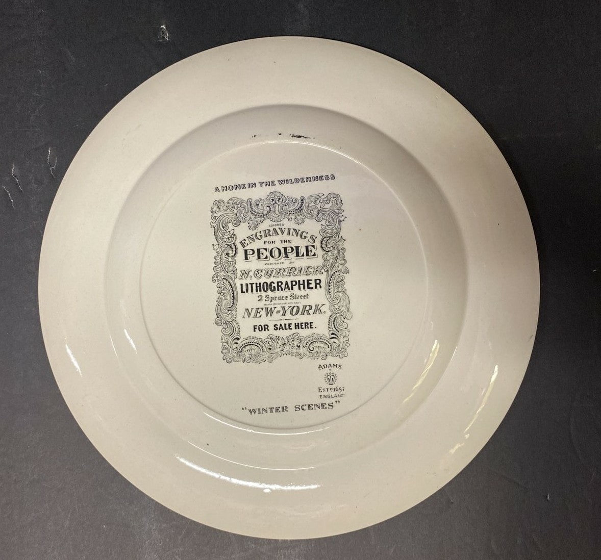  10.5" Scarce Adams Currier Winter Scenes A Home in the Wilderness PLATE pottery