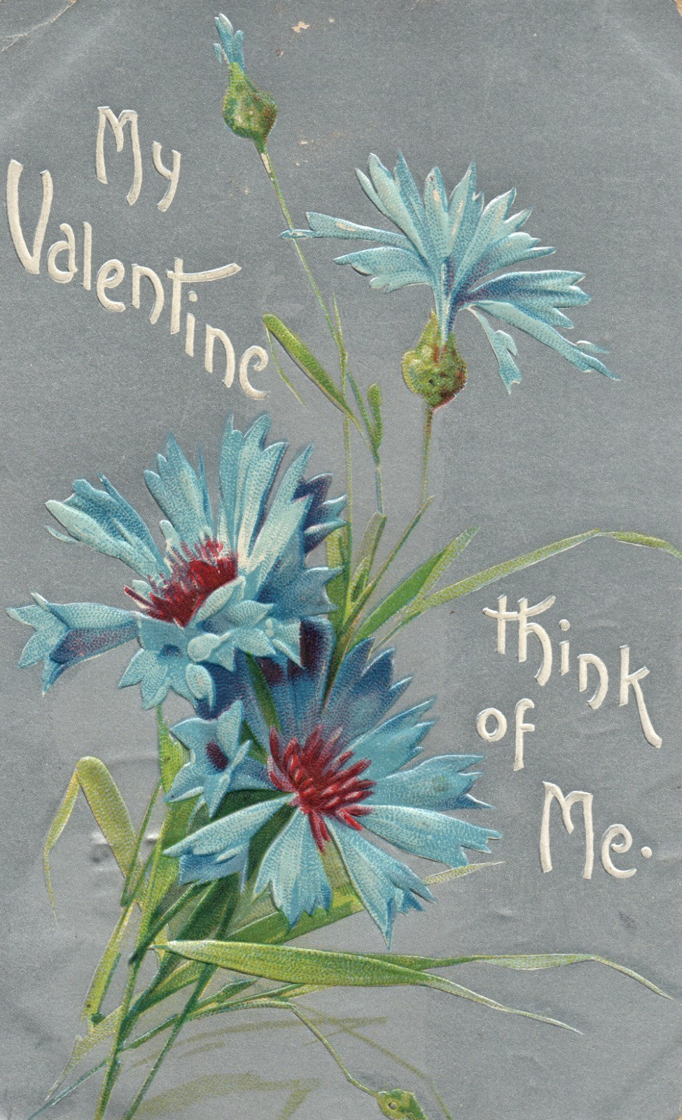 Silver Think Of Me Embossed Blue Flowers Valentine Postcard