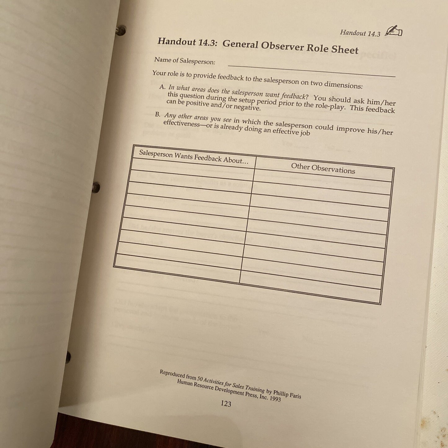 50 Fifty Activities for Sales Training Phillip Faris 1993