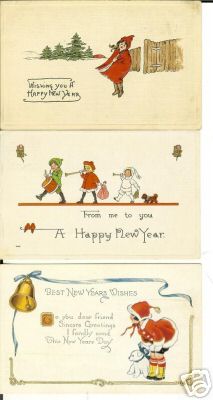 3 New Year Children postcards with dogs doll