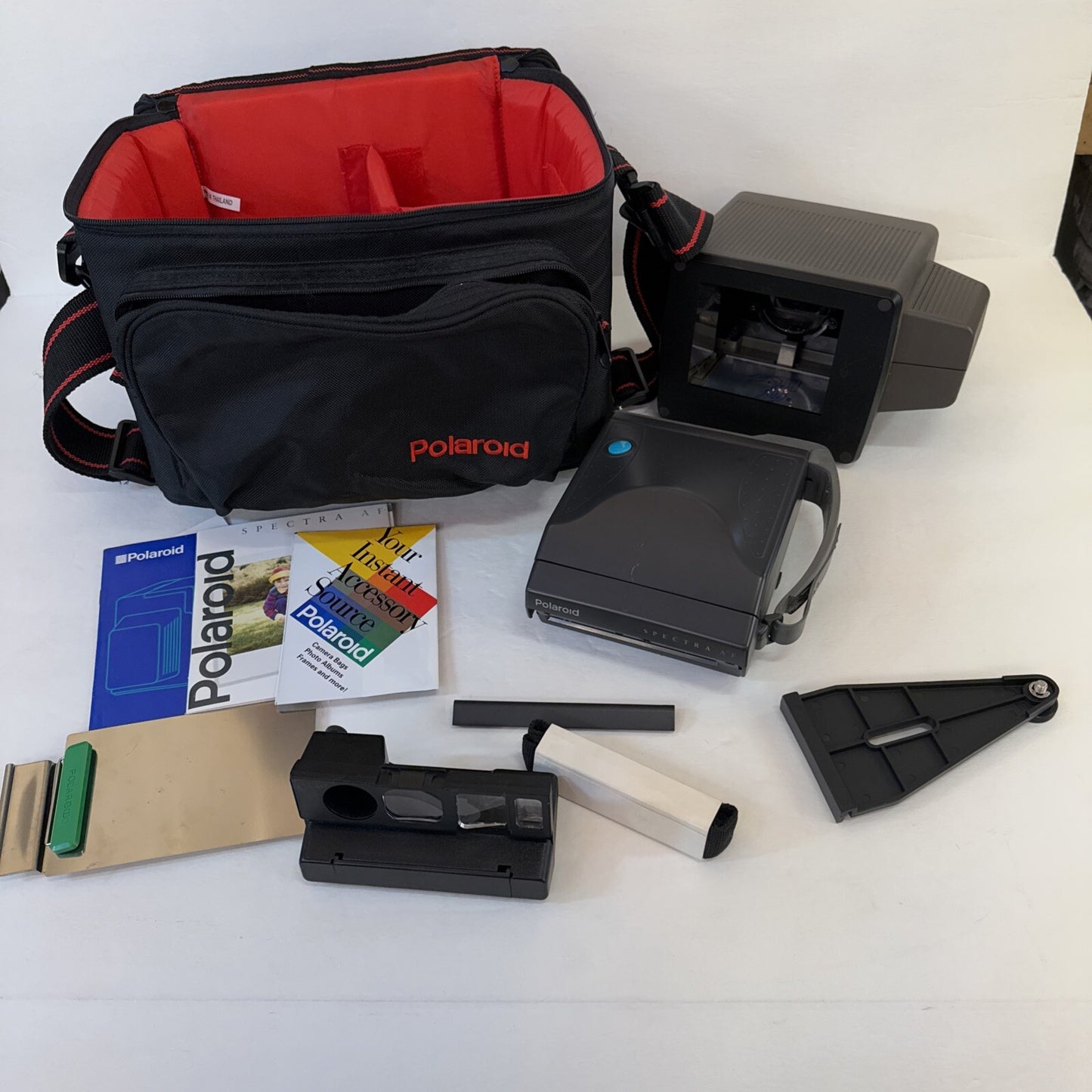 LOT POLAROID SPECTRA AF CAMERA PLUS CLOSE UP STAND DUPLICATOR LIGHT LOCK BAG