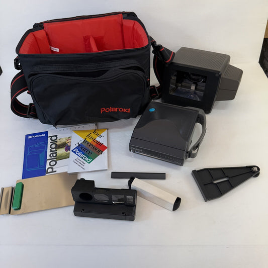 LOT POLAROID SPECTRA AF CAMERA PLUS CLOSE UP STAND DUPLICATOR LIGHT LOCK BAG
