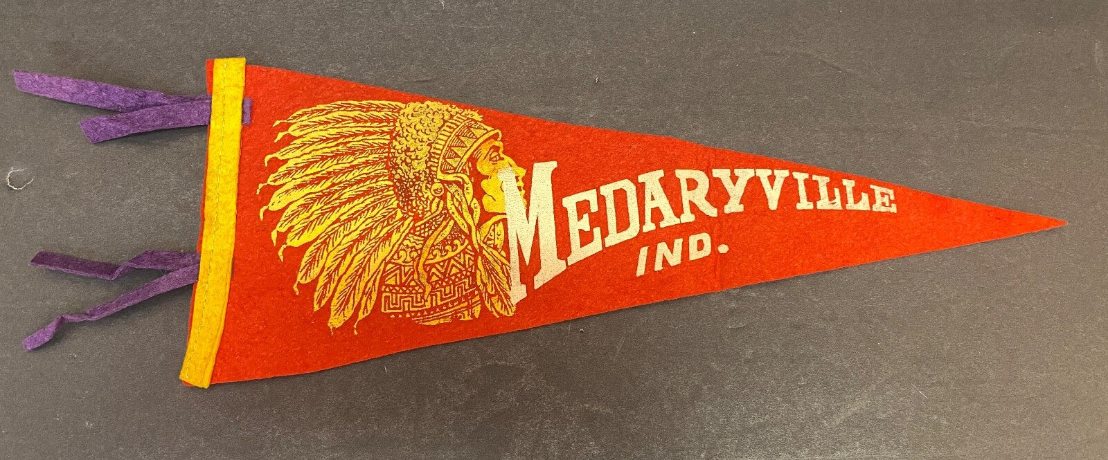 1940's Vintage Medaryville Indiana Red Medium Pennant Flag 17 X 7 FELT