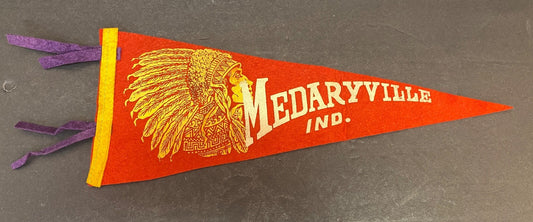 1940's Vintage Medaryville Indiana Red Medium Pennant Flag 17 X 7 FELT