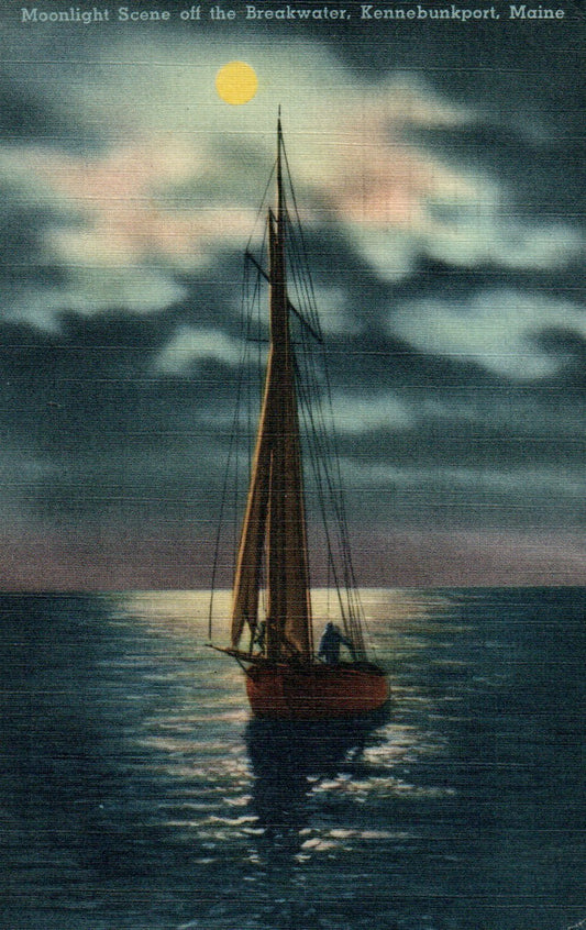 73034 Moonlight Scene Off Breakwater Kennebunkport Sailboat Maine ME Postcard