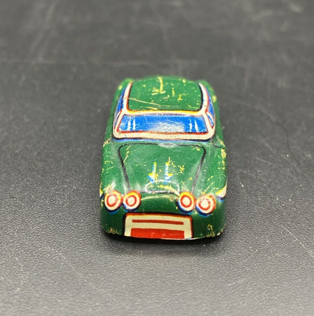 Vintage  Miniature Toy Metal Tin Litho  Green Push Car  Yellow - Japan